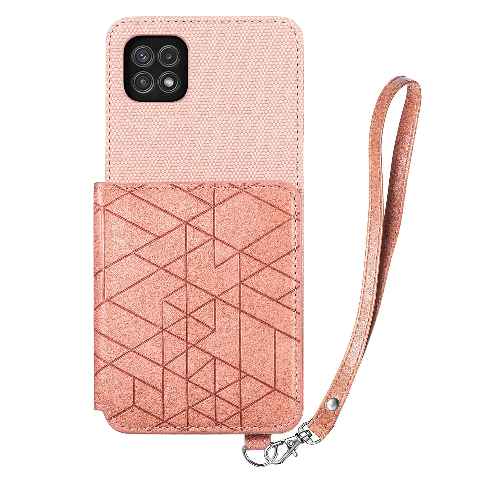 For Samsung Galaxy A22 5G (EU Version) Anti-drop Phone Case Kickstand PU Leather TPU Geometry Imprinted Wallet Cover with Strap For Samsung Galaxy A22 5G (EU Version) Anti-drop Phone Case Kickstand PU Leather TPU Geometry Imprinted Wallet Cover with Strap